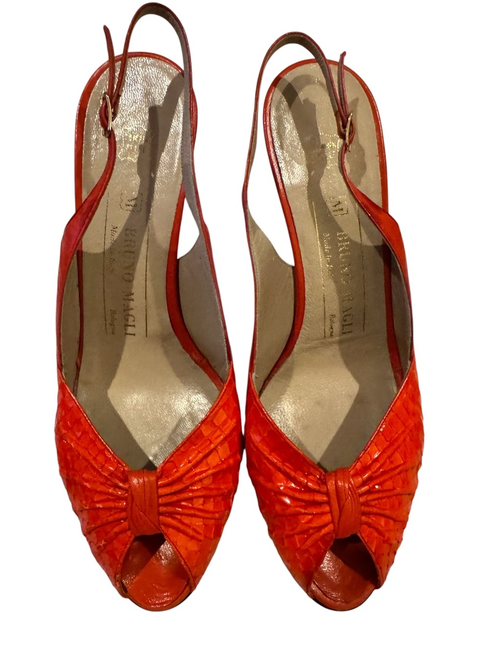 Vintage Bruno Magli Orange Women's Slingback Peep-Toe Heels snakeskin